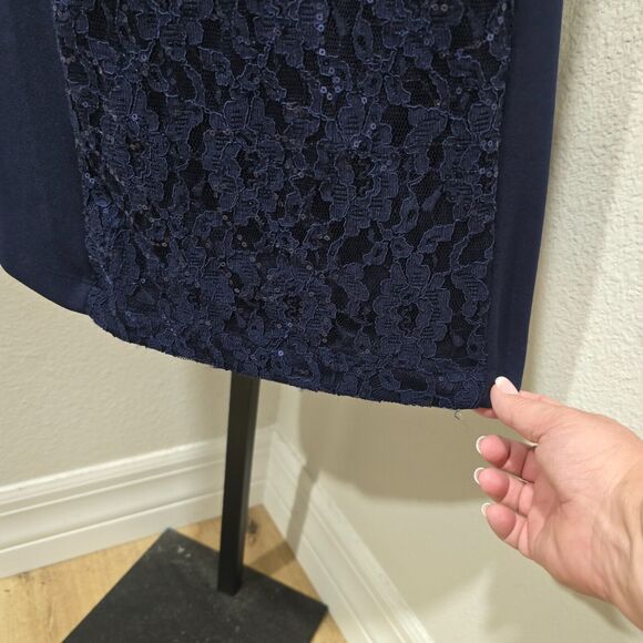 Cocktail Date Dress Womens 8 Sequin Lace Cut Out Short Sleeve Navy Blue Guest - Picture 3 of 9